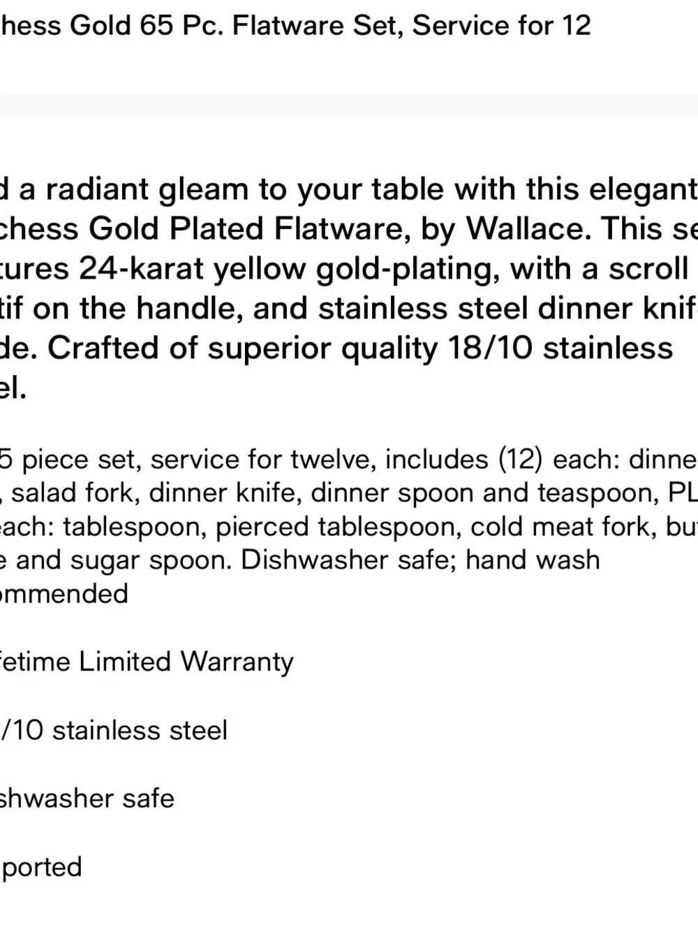 Wallace Duchess Gold 65 Piece Flatware Set